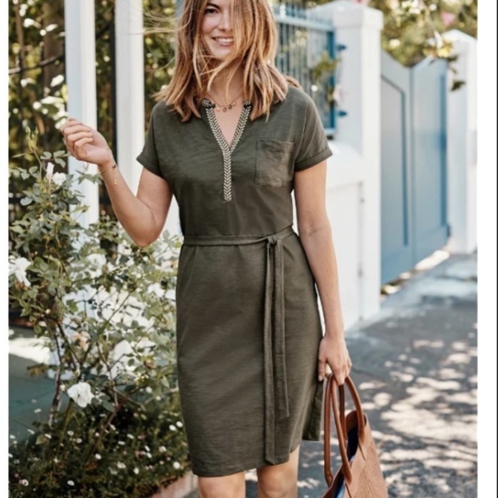 Boden Army Olive Green Gold Dora Embroidered Tie Waist Jersey Dress Size 2R - Picture 1 of 14